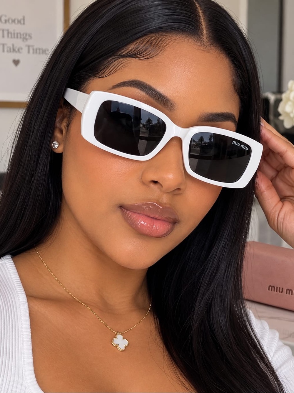 Miu Miu White Rectangular Sunglasses with Black Lenses